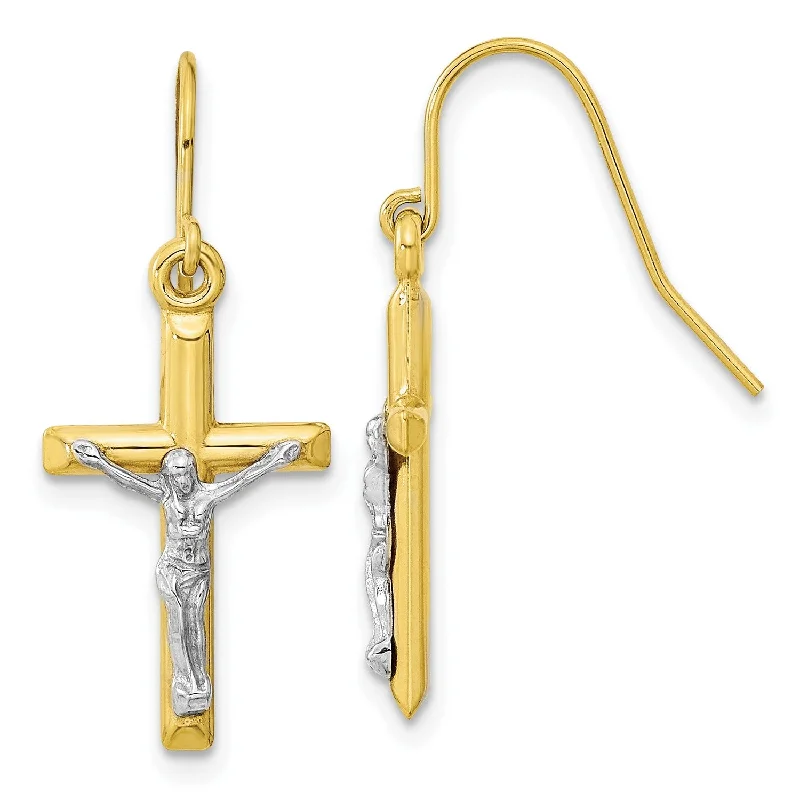 10KT White and Yellow Gold 28X11MM Drop & Dangle Crucifix Cross Earrings