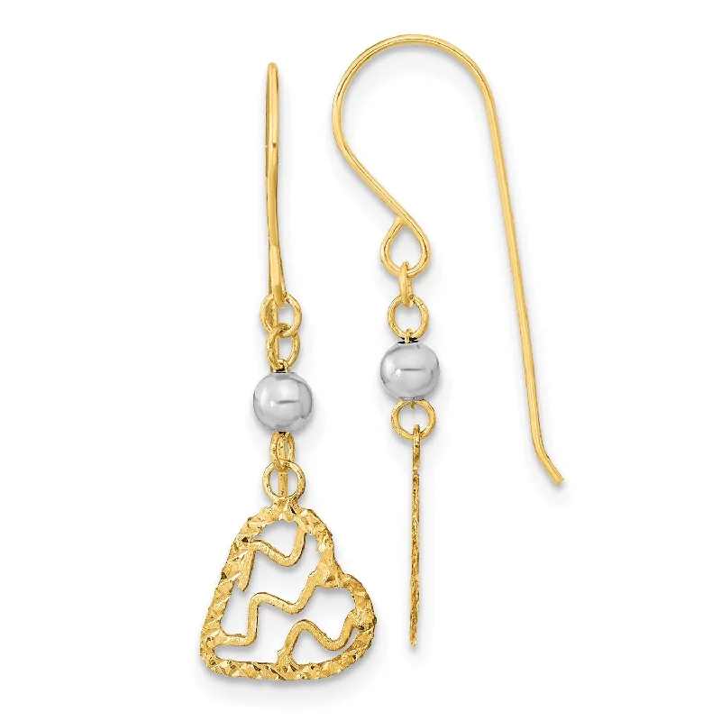 14KT White and Yellow Gold 29X9.5MM Diamond-cut Heart Drop & Dangle Earrings