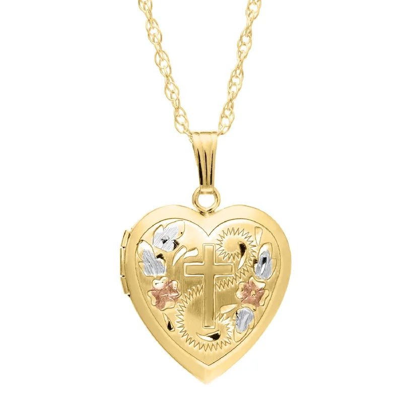 14KT Yellow Gold Filled 19MM 18-inch Locket Heart Cross Flower Pendant