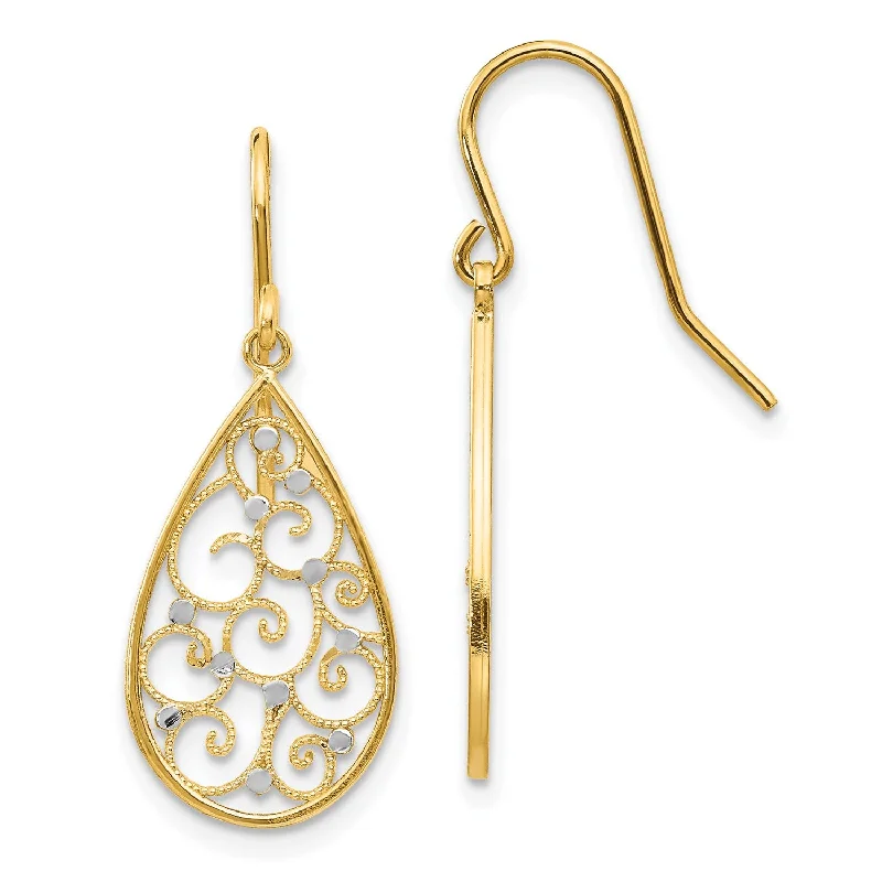 14KT Yellow Gold With Rhodium Plating 29X11MM Teardrop Earrings