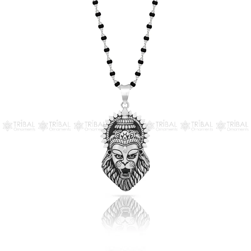 925 Sterling silver Lord Vishnu avatar Narsimha pendant with Black and white rosary beads (tulsi mala) meditation necklace  NSP813