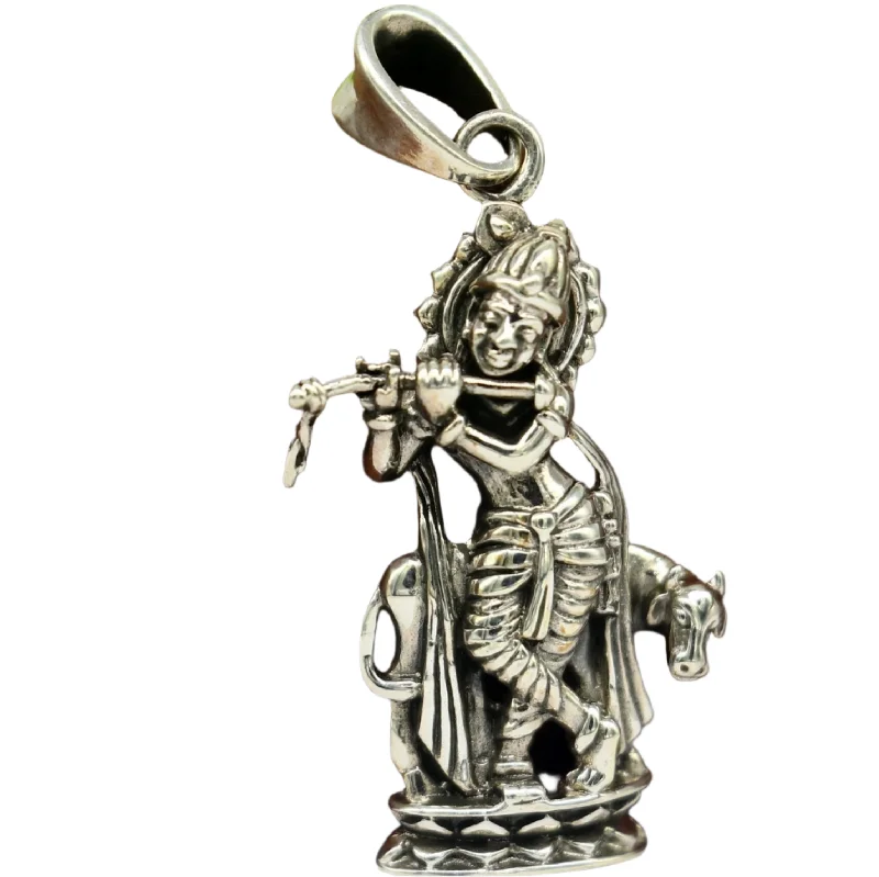 925 sterling silver vintage Antique stylish Hindu idol Krishna with cow Pendant, amazing design stunning pendant gifting jewelry ssp537