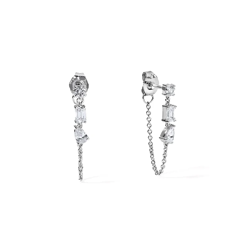 Gold and Diamond Three Stone Chain Earrings