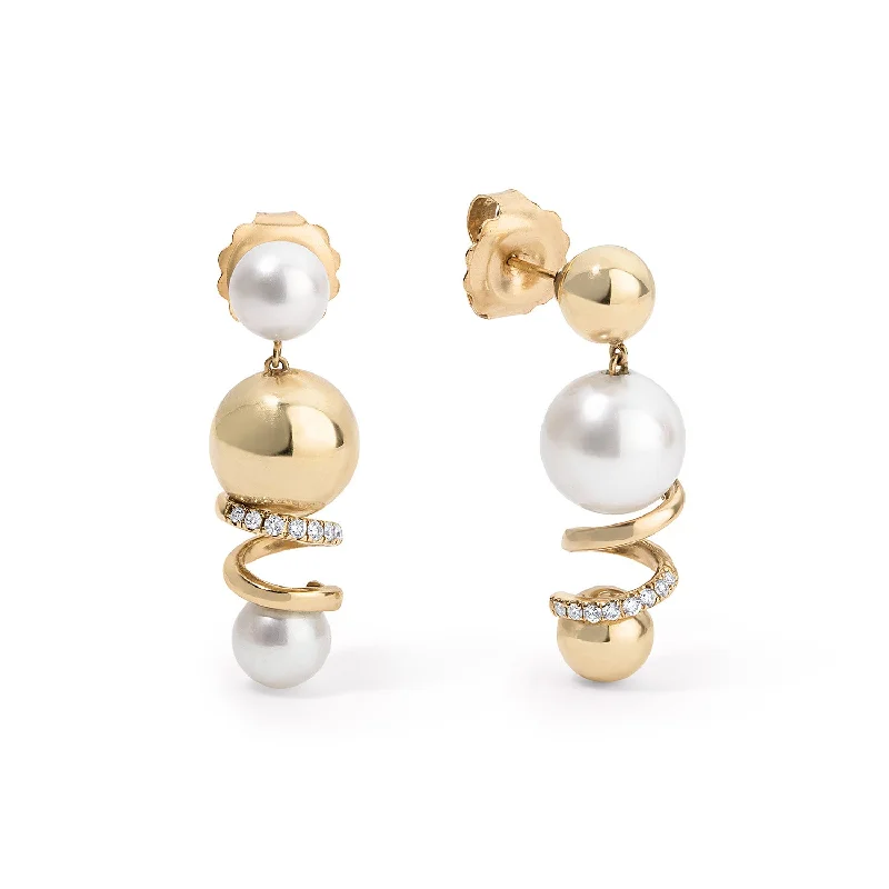 Gold and Pearl Triple Drop Earrings with Pave