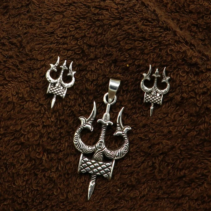 Idol lord Shiva trident damaru shape 925 sterling silver customized designer pendant with stud, gorgeous stylish best gifting pendant ssp359