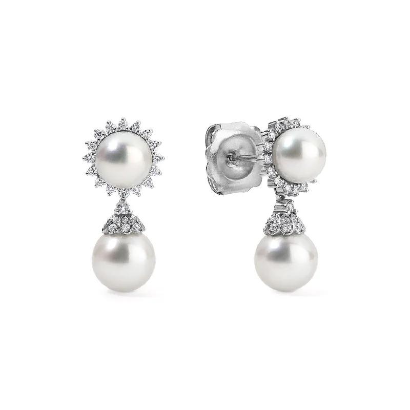 Pearl Drop Earrings with Pave Diamond Halo