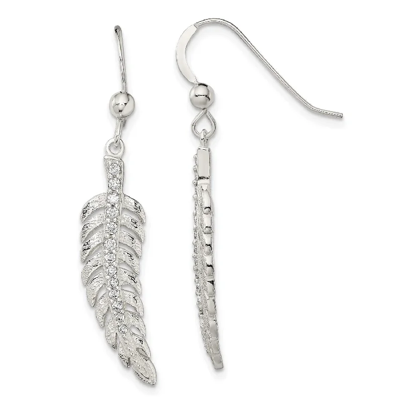 Sterling Silver Cubic Zirconia 39X7MM Drop & Dangle Feather Earrings