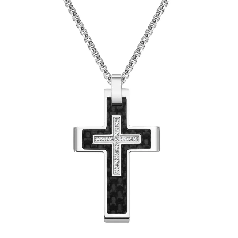 Titán by Adrian Gonzalez Stainless Steel 1/10 CTW Diamond 27X42MM 24-inch Carbon Fiber Cross Pendant