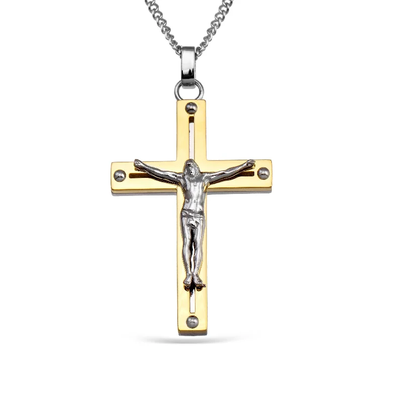 Two-Tone Stainless Steel 24-inch Crucifix Cross Pendant