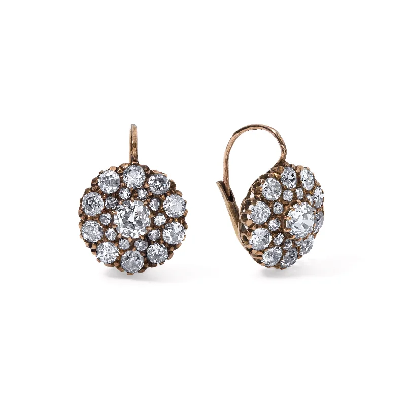 Vintage Old Mine Cut Cluster Round Drop Earrings