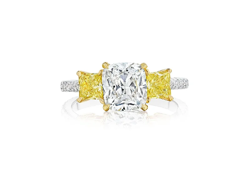 Fink's Exclusive Cushion Diamond Engagement Ring with Fancy Yellow Diamond Accents