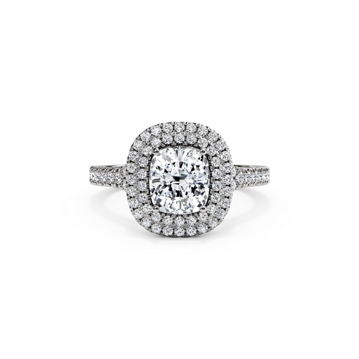 The Studio Collection Cushion Cut Center Diamond and Diamond Double Halo Engagement Ring