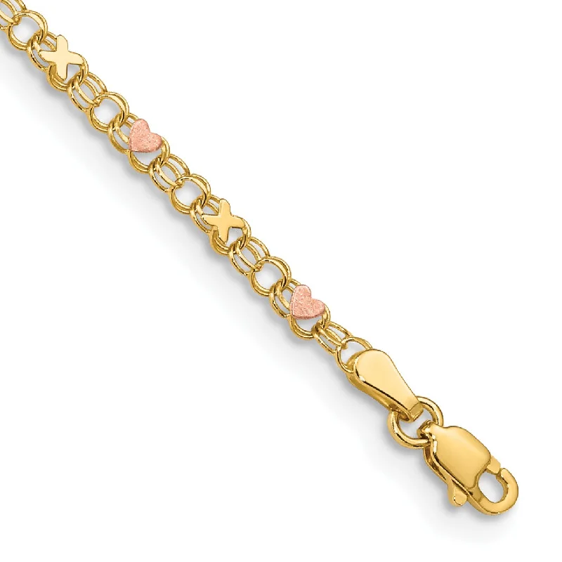 14KT Yellow and Rose Gold 10-inch 3MM Lobster Clasp Heart Anklet