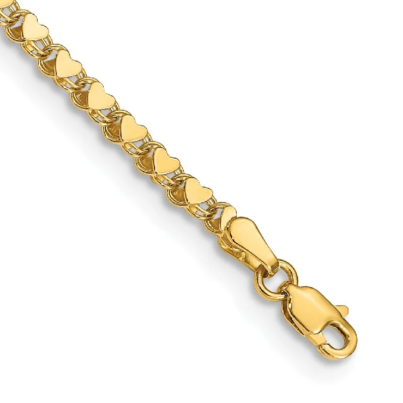 14KT Yellow Gold 10-inch 3MM Lobster Clasp Heart Anklet