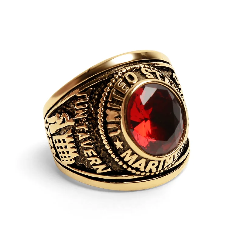 18K Gold PVD Stainless Steel Red Stone United States Marines Ring / MCR6002