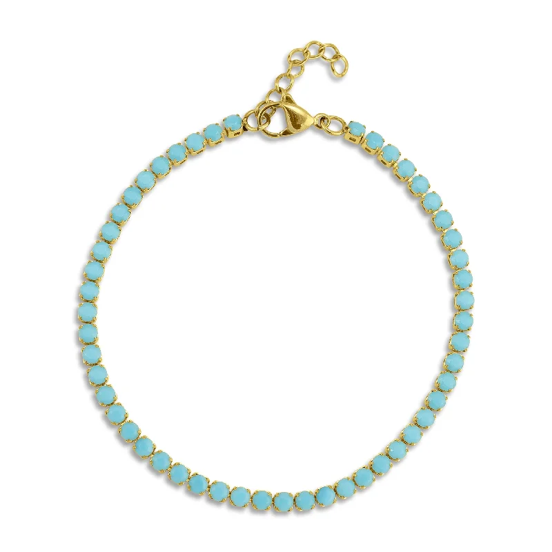 18K Gold PVD Stainless Steel Turquoise Rhinestone Tennis Chain Bracelet With 1" Extension / TBR0006