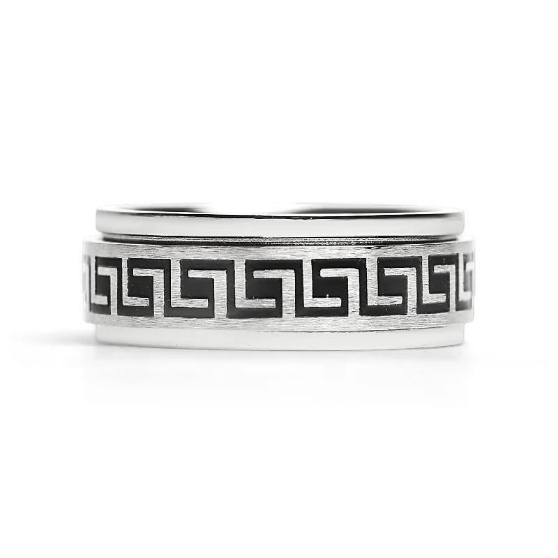 Black Greek Key Spinner Center Polished Stainless Steel Ring / SRJ2056