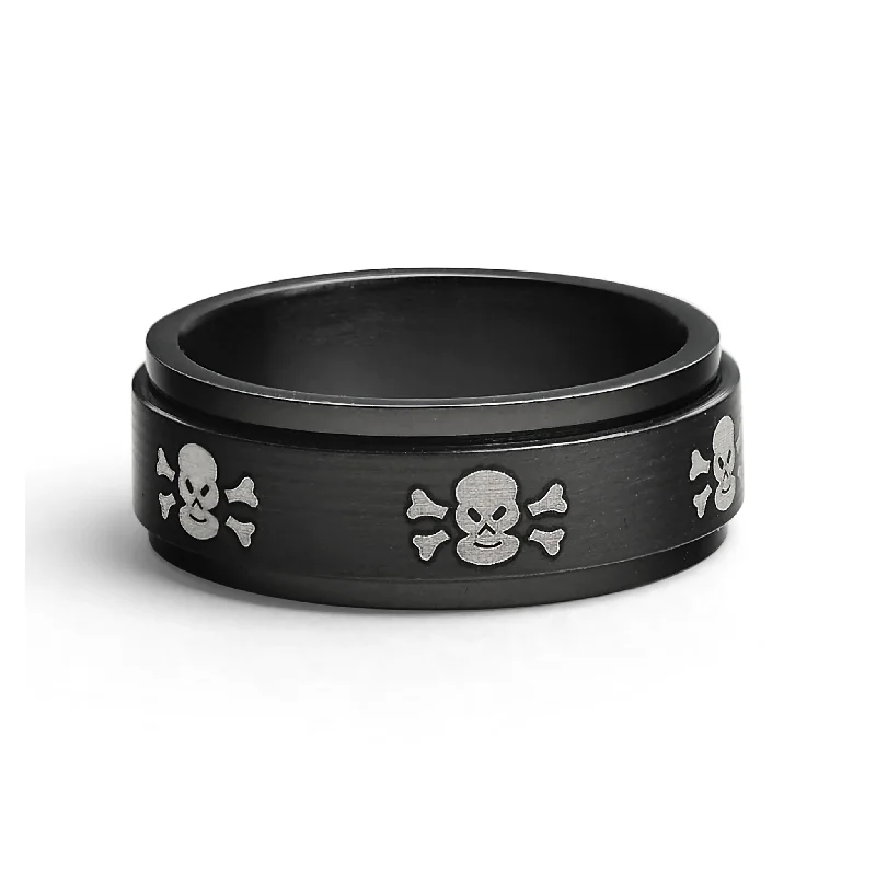 Black With White Skulls Stainless Steel Spinner Ring / STC003