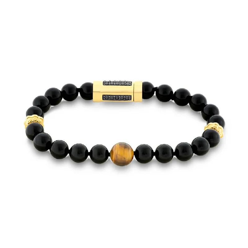 Brown Tiger Eye & Black Onyx Bead 8.5" Bracelet with Gold Plated Nugget Rondels & Black Spinel