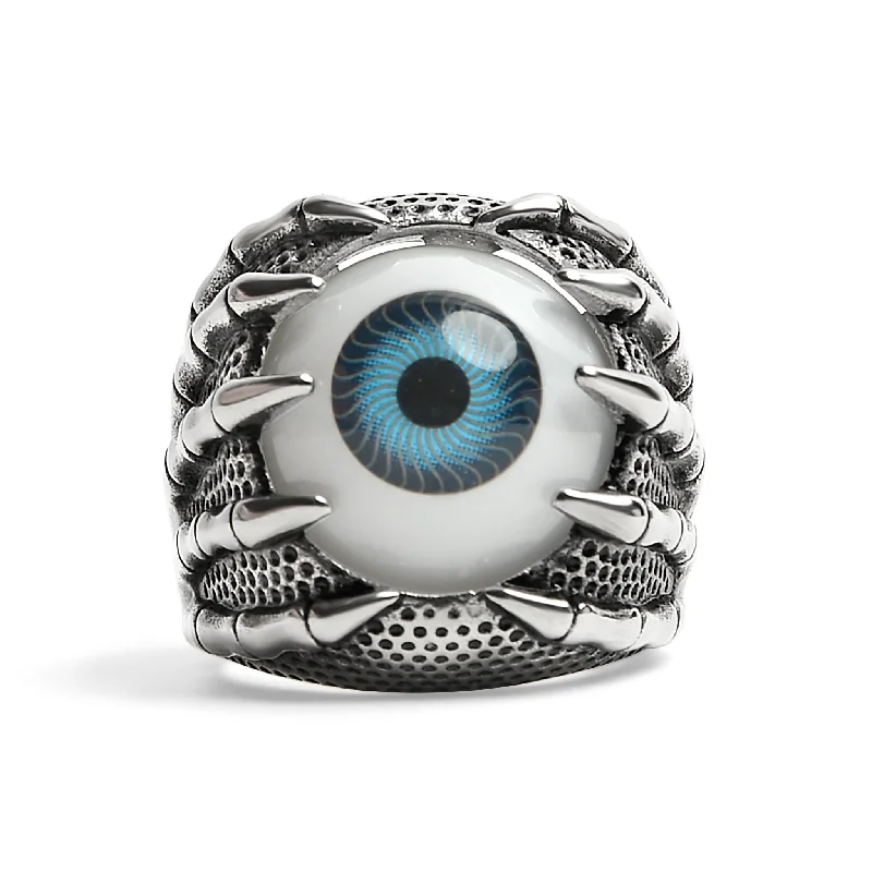 Stainless Steel Skeleton Hands Holding Blue Eyeball Ring / SCR4079