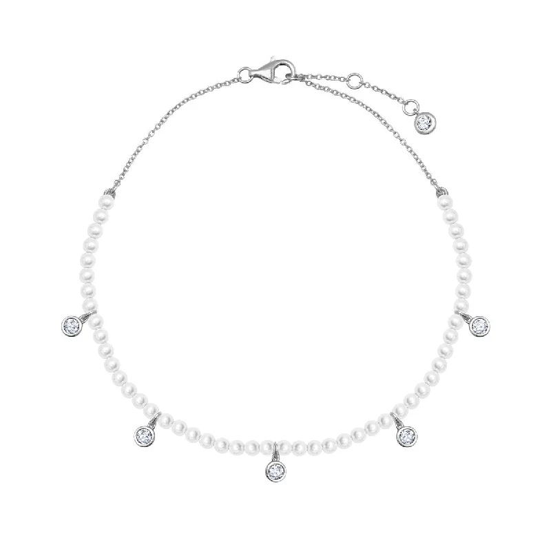 Crislu Platinum Plated Sterling Silver Cubic Zirconia 9.5-inch Fashion Pearl Anklet