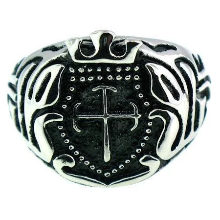 Stainless Steel Studded Filigree Cross Signet Ring / CRJ2564