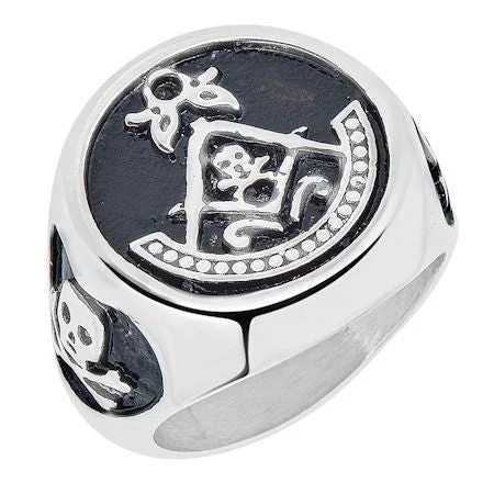 Stainless Steel Masonic Inlay With Accent Skulls Signet Ring / MCR3082