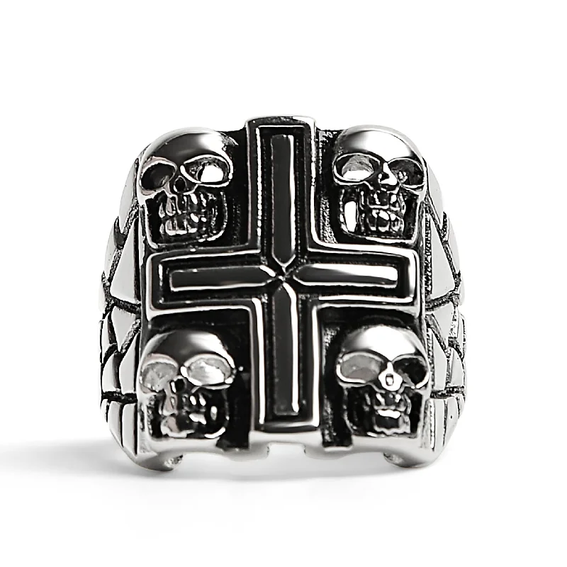 Stainless Steel Polished Multi Skull Cross Signet Ring / SCR3036