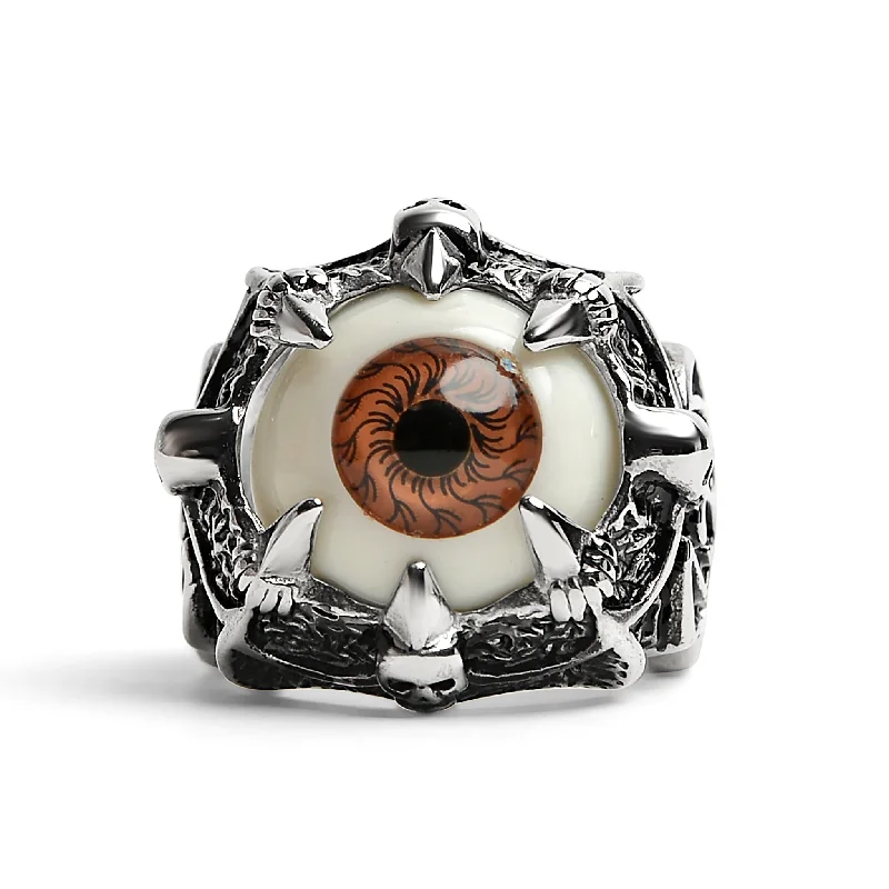 Stainless Steel Gothic Red Eyeball With Claw And Skull Accents Ring / SCR4090