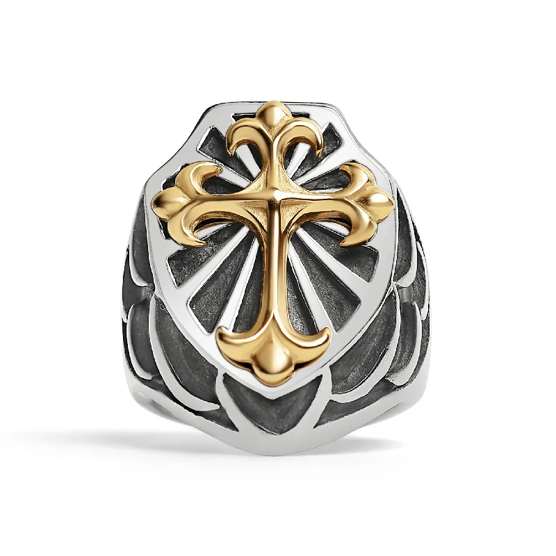 Stainless Steel 18K Gold PVD Coated Cross On Shield Signet Ring / SCR4091