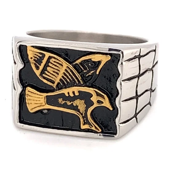 Stainless Steel 18K Gold PVD Coated Eagle Center Men's Signet Ring / GRJ0004