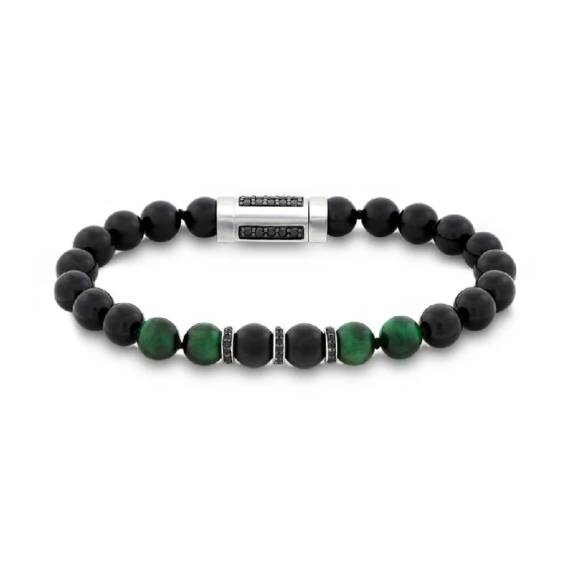 Green Tiger Eye & Black Onyx Bead 8.5" Bracelet with Black Spinel Rondels