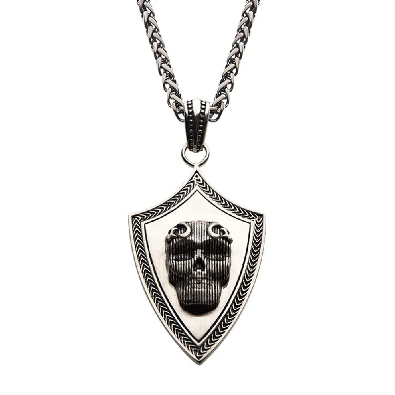 Black Oxidized Matte Finish Steel 3D Skull Pendant with Black Oxidized Wheat Chain | INOX