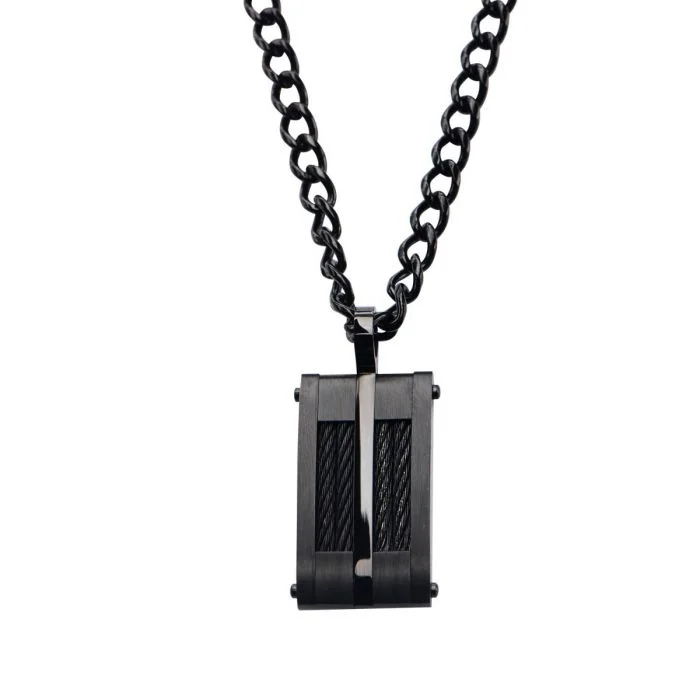 Stainless Steel Black Plated & Black Cable Inlayed Dog Tag Pendant | 24" | INOX