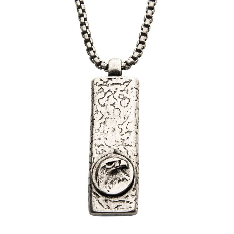 Stainless Steel Silver Plated Dog Tag Pendant with Eagle Head Inlay, with Steel Box Chain | INOX