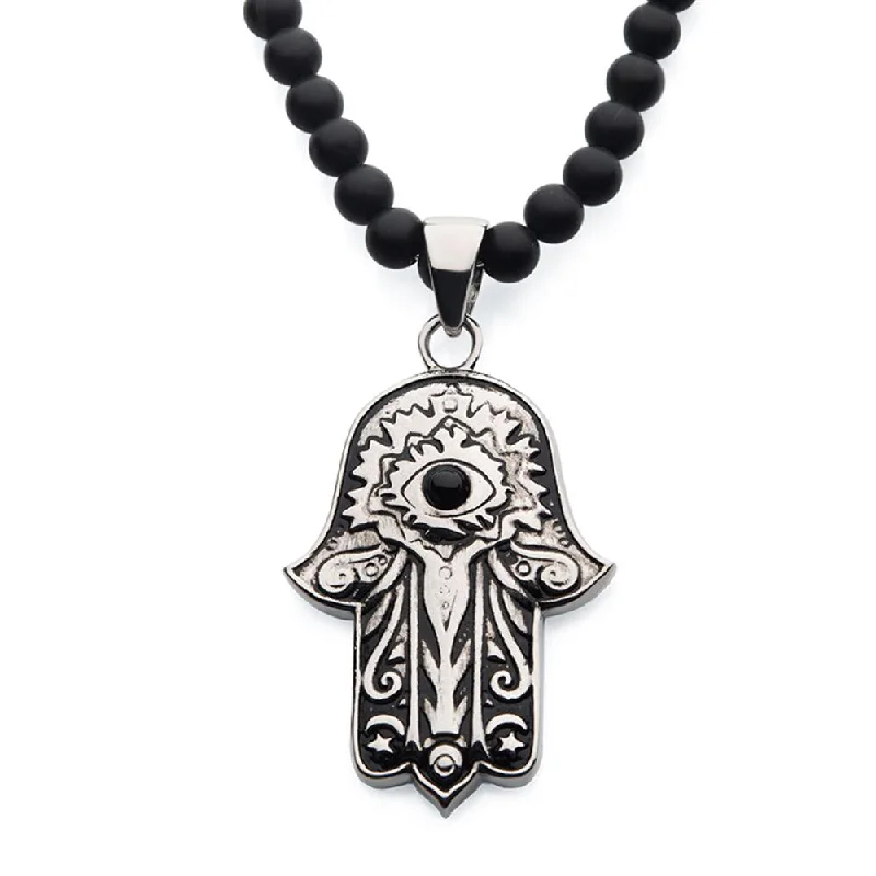 Men's Stainless Steel with Centerpiece Black Agate Stone Hamsa Pendant