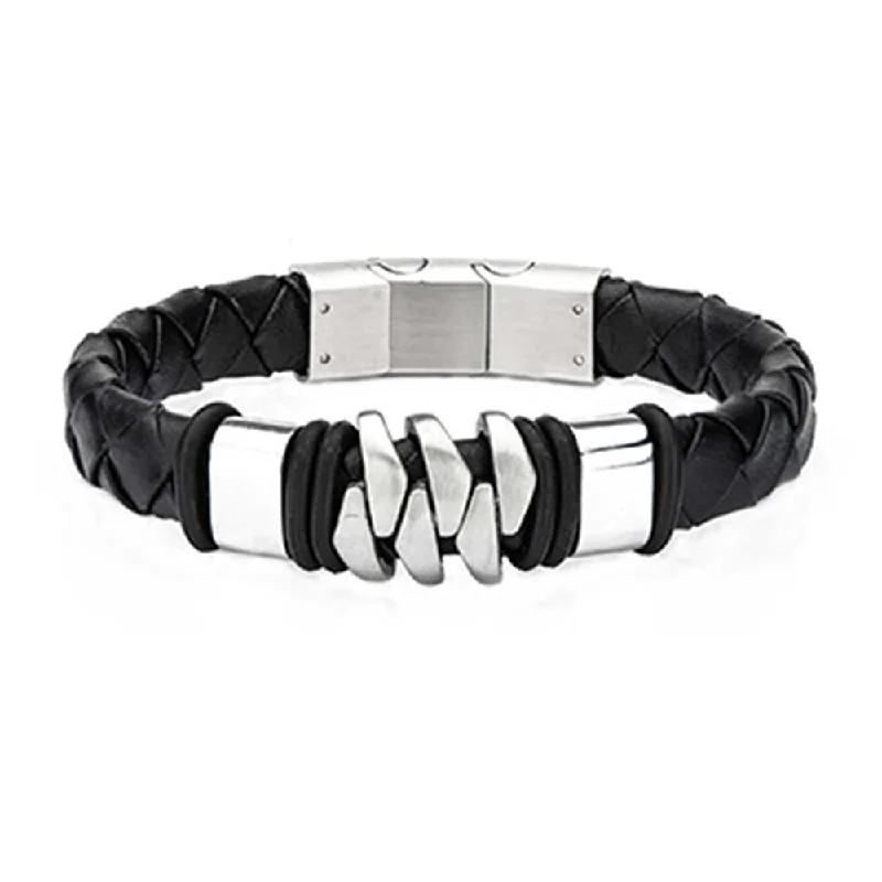 Men's Stainless Steel with Matte Black Leather Bohemian Bracelet + 1 s