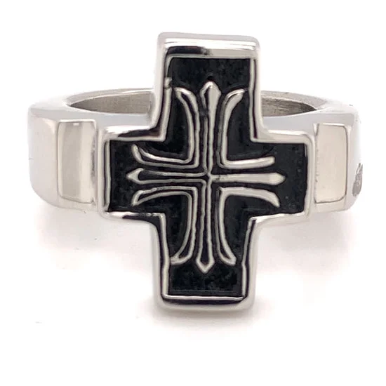 Polished Black Enamel Cross Stainless Steel Ring / CRC2014