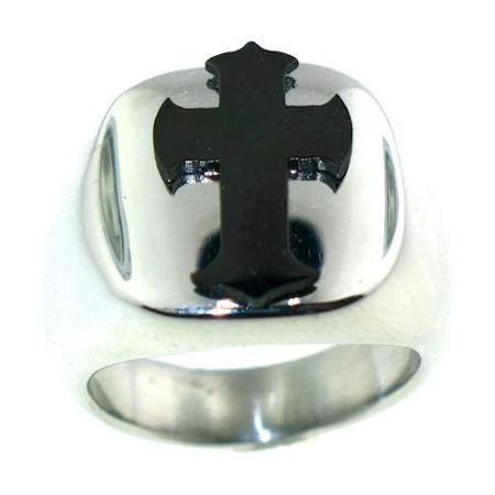 Polished Black Enamel Cross Stainless Steel Ring / CRC2031