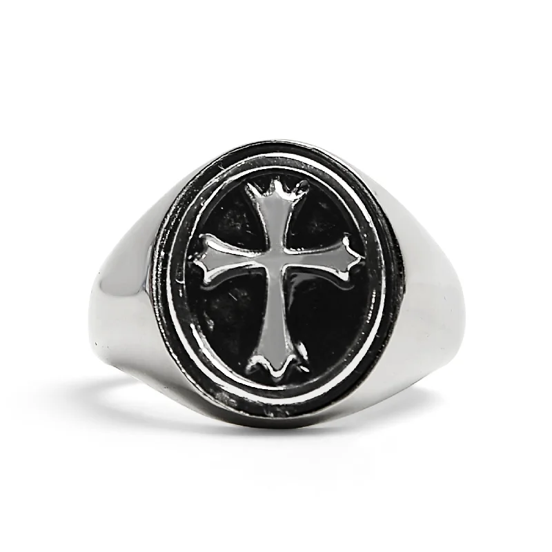 Stainless Steel Polished Cross Signet Ring / SCR2215