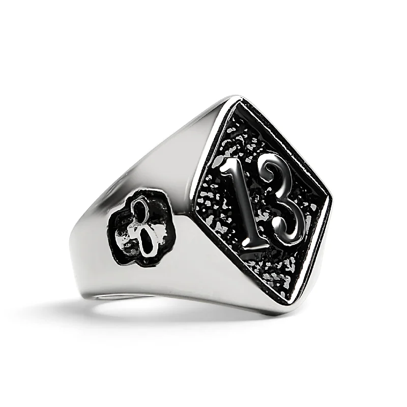 Stainless Steel "13" and Skulls Signet Ring / SCR3043