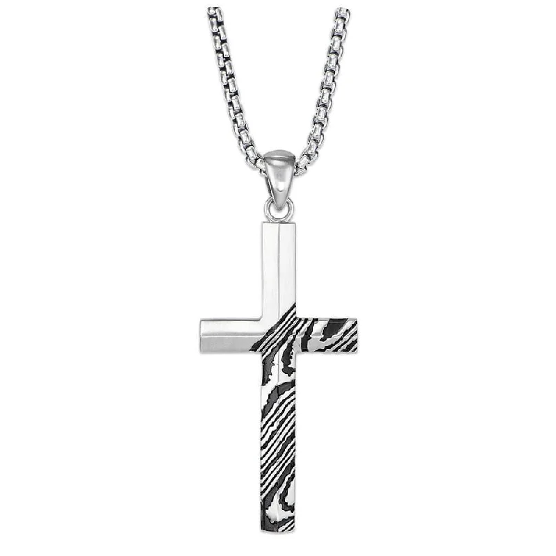 Rogue 26'' Silver Cross Necklace with Damascus-inspired Pattern and Satin-Finish