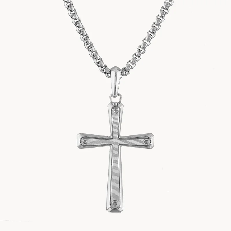 Bulova Sterling Silver and Damascus Steel Cross Necklace