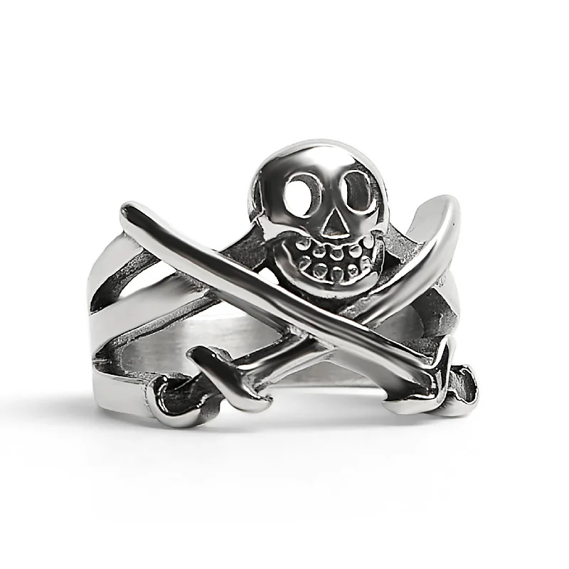 Stainless Steel Pirate Jolly Roger Skull With Crossed Swords Ring / SCR4095