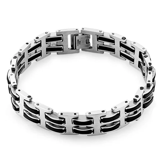 Stainless Steel Black Rubber Link Bracelet