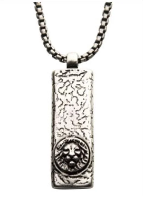 Stainless Steel Silver Plated Dog Tag Pendant with Lion Head Inlay, with Steel Box Chain | INOX