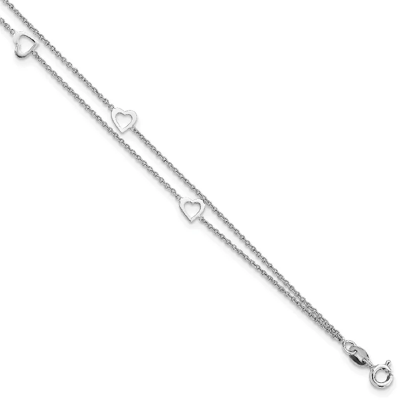 Sterling Silver 10-inch Heart 2-Strand Anklet