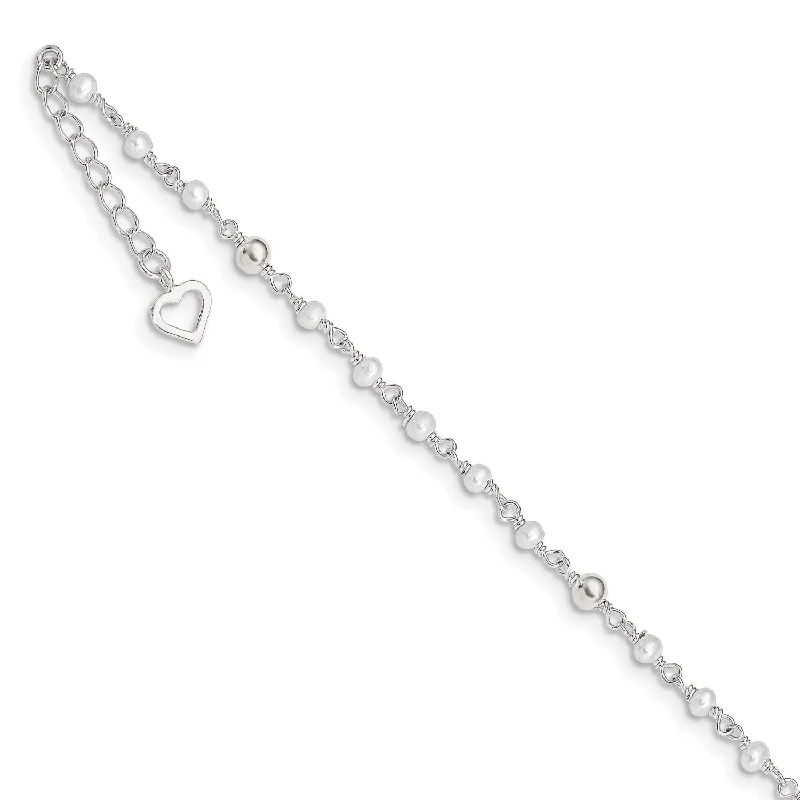 Sterling Silver Pearl 10-inch Heart Anklet