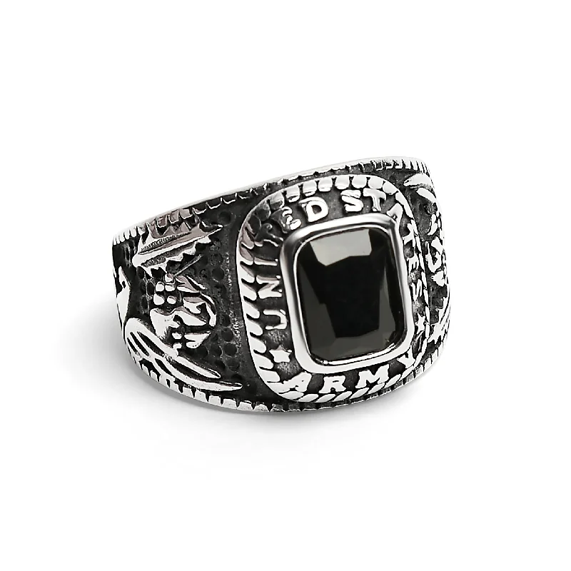 United States Army Military Stainless Steel Men's Ring with Black Stone / MCR3069