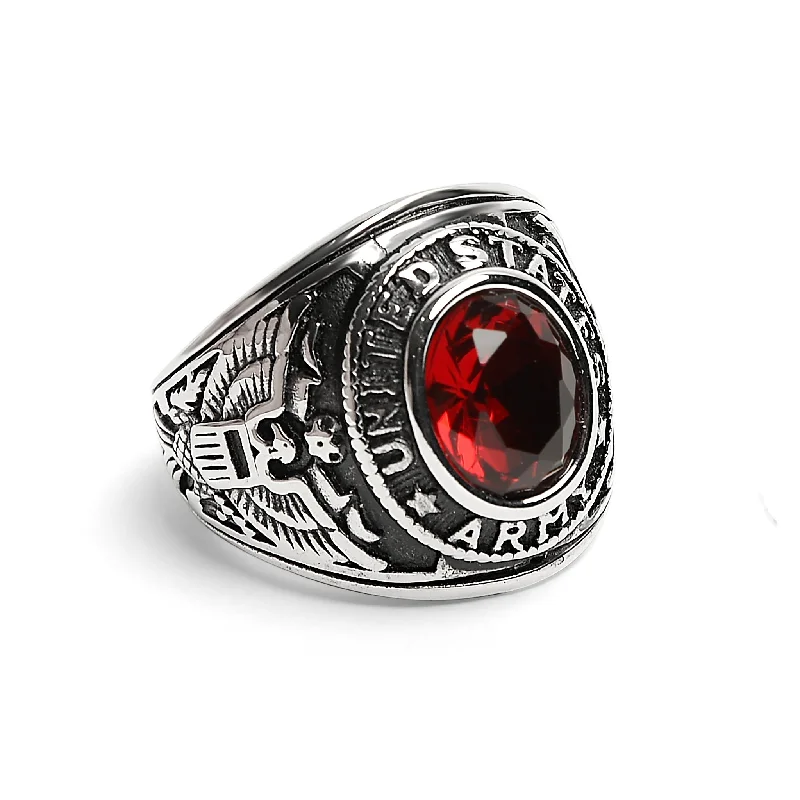 United States Army Red Center Stone Stainless Steel Ring / MCR6006